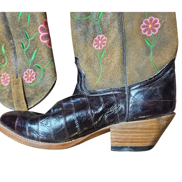 Dan Post Floral Embroidered Leather Cowboy Exotic Eel Western Boots 7M Boho