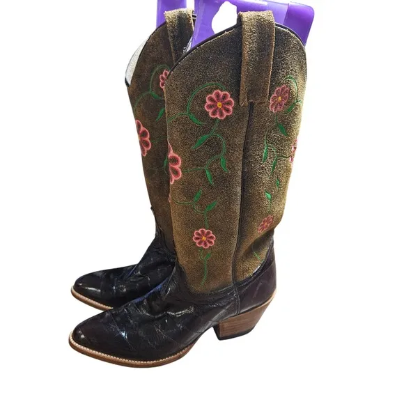 Dan Post Floral Embroidered Leather Cowboy Exotic Eel Western Boots 7M Boho
