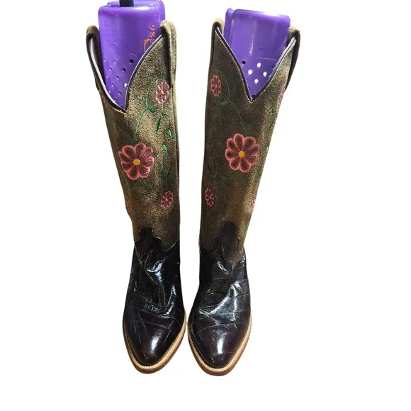 Dan Post Floral Embroidered Leather Cowboy Exotic Eel Western Boots 7M Boho