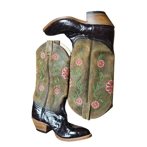 Dan Post Floral Embroidered Leather Cowboy Exotic Eel Western Boots 7M Boho