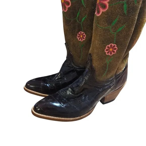 Dan Post Floral Embroidered Leather Cowboy Exotic Eel Western Boots 7M Boho