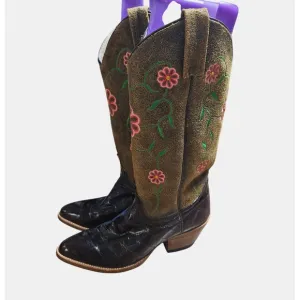 Dan Post Floral Embroidered Leather Cowboy Exotic Eel Western Boots 7M Boho