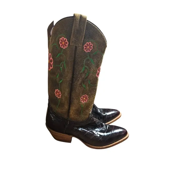 Dan Post Floral Embroidered Leather Cowboy Exotic Eel Western Boots 7M Boho