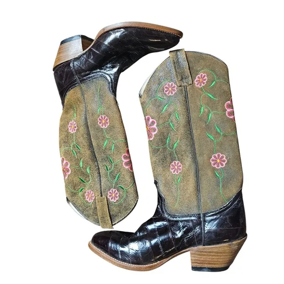 Dan Post Floral Embroidered Leather Cowboy Exotic Eel Western Boots 7M Boho