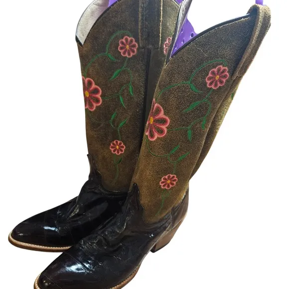 Dan Post Floral Embroidered Leather Cowboy Exotic Eel Western Boots 7M Boho