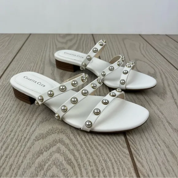 Deal Charter Club Women's Soraya Faux Pearl Flat Sandals 7M White $65