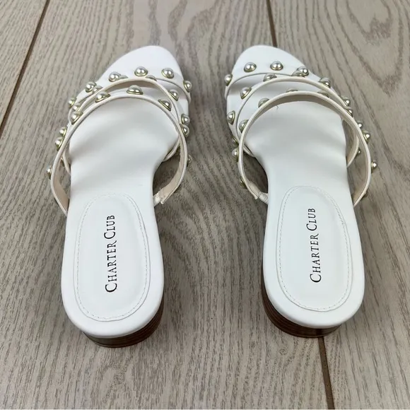 Deal Charter Club Women's Soraya Faux Pearl Flat Sandals 7M White $65