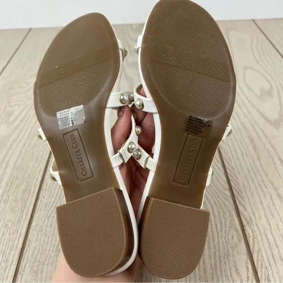 Deal Charter Club Women's Soraya Faux Pearl Flat Sandals 7M White $65