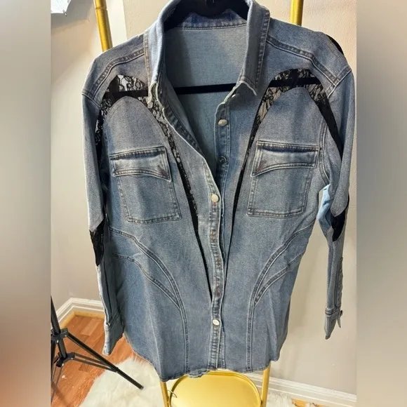 Denim lace shirt dress stretchy
