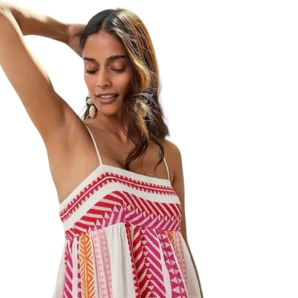 DEVOTION‎ TWINS Anthropologie Embroidered Square-Neck Mini Dress Size S Pink