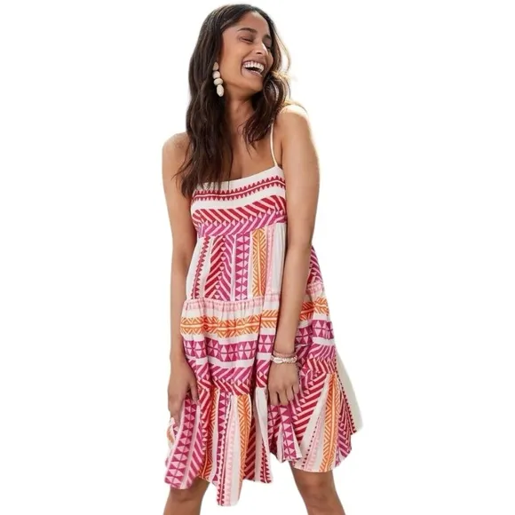 DEVOTION‎ TWINS Anthropologie Embroidered Square-Neck Mini Dress Size S Pink