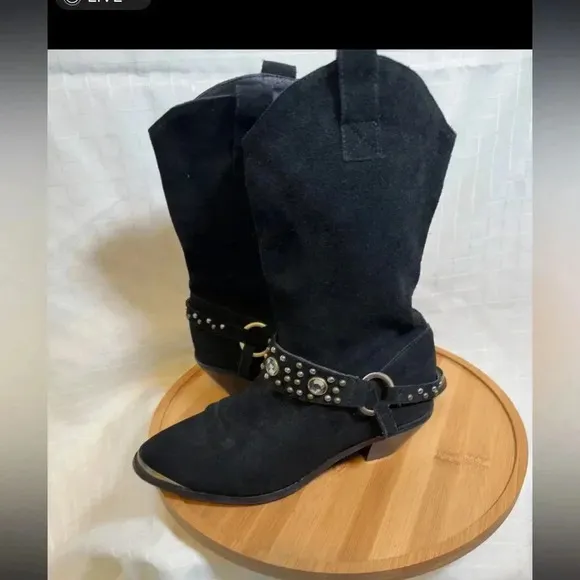 Diane Gilman black leather suede boots studded rhinestones size 7.5 Mid calf