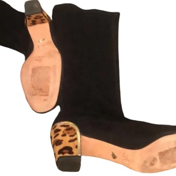 DIANE VON FURSTENBERG size 10 black/leopard knee high boots block kitten heel