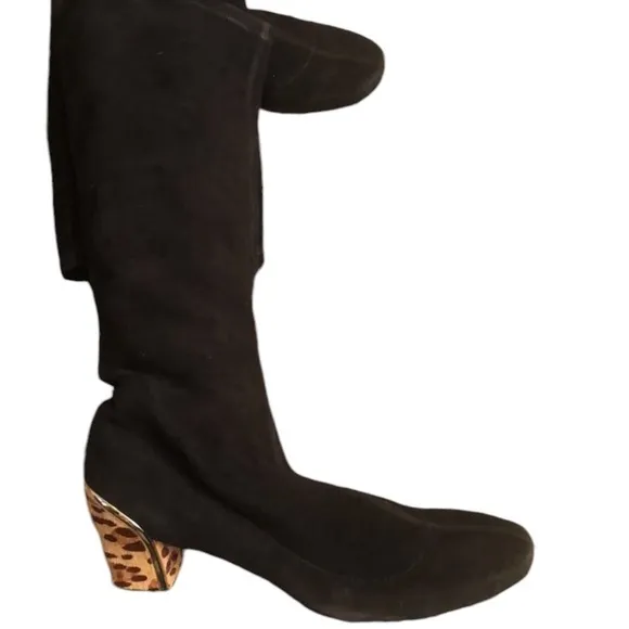 DIANE VON FURSTENBERG size 10 black/leopard knee high boots block kitten heel