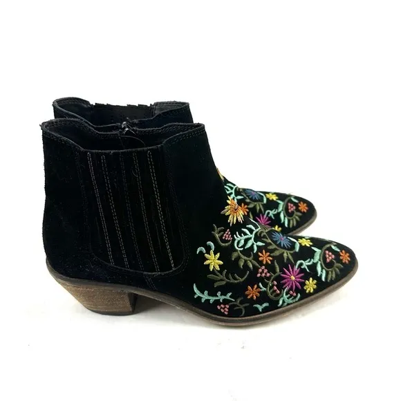 Diba Ankle Boots 7.5 Black Suede Embroidered Floral  Zip Up Bootie Womens