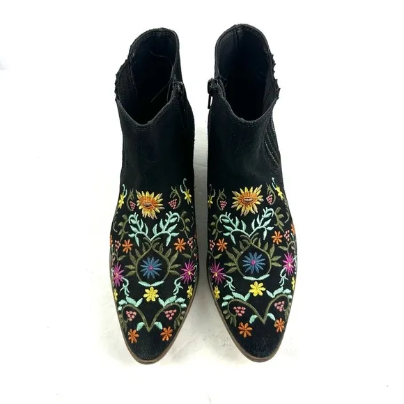 Diba Ankle Boots 7.5 Black Suede Embroidered Floral  Zip Up Bootie Womens