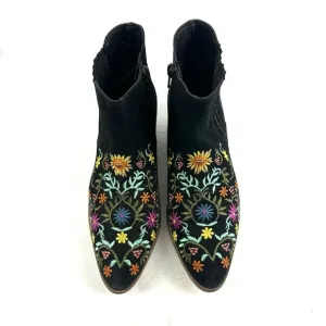 Diba Ankle Boots 7.5 Black Suede Embroidered Floral  Zip Up Bootie Womens