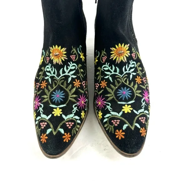 Diba Ankle Boots 7.5 Black Suede Embroidered Floral  Zip Up Bootie Womens