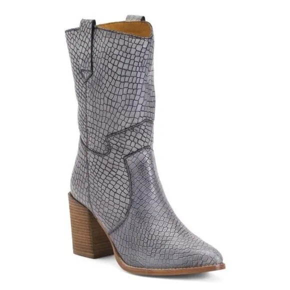 Diba True Leather Mid Calf Western Boots croc embossed Size 8 US New In Box