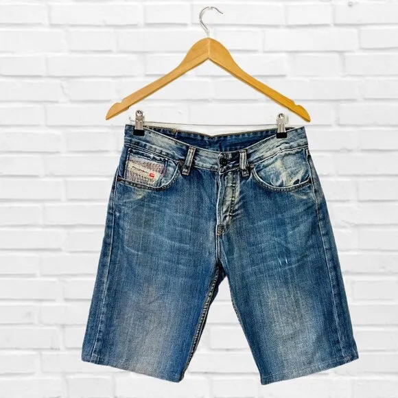 DIESEL Men's Denim Bermuda Shorts Mid-Rise Button Fly Washout Bottoms Jeans