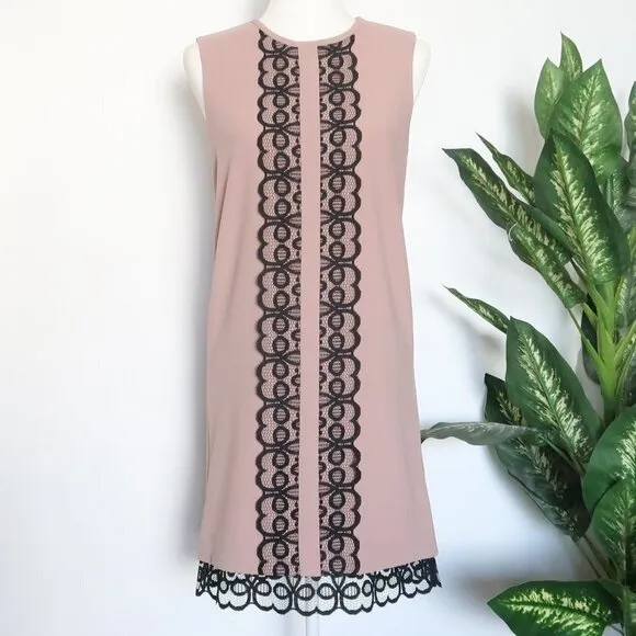 Dina Agam Anthropologie Old Rose Pink Crepe Black Lace Sleeveless Shift Dress M