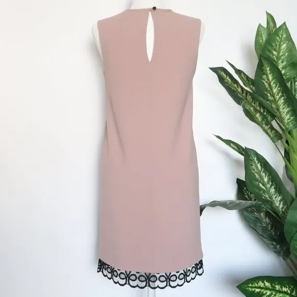 Dina Agam Anthropologie Old Rose Pink Crepe Black Lace Sleeveless Shift Dress M