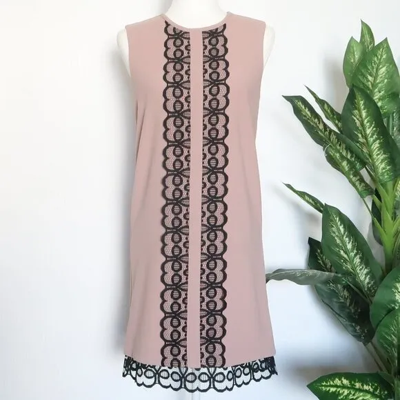 Dina Agam Anthropologie Old Rose Pink Crepe Black Lace Sleeveless Shift Dress M