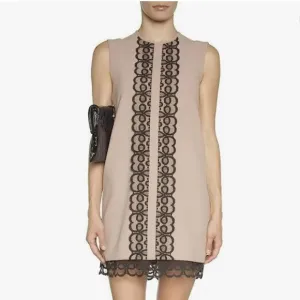Dina Agam Anthropologie Old Rose Pink Crepe Black Lace Sleeveless Shift Dress M