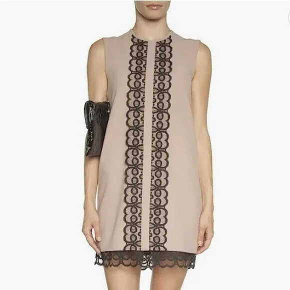 Dina Agam Anthropologie Old Rose Pink Crepe Black Lace Sleeveless Shift Dress M