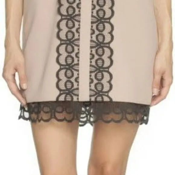 Dina Agam Anthropologie Old Rose Pink Crepe Black Lace Sleeveless Shift Dress M