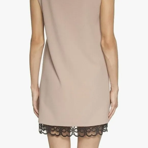Dina Agam Anthropologie Old Rose Pink Crepe Black Lace Sleeveless Shift Dress M