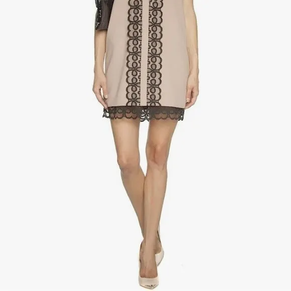 Dina Agam Anthropologie Old Rose Pink Crepe Black Lace Sleeveless Shift Dress M