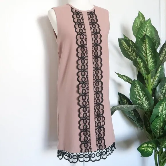 Dina Agam Anthropologie Old Rose Pink Crepe Black Lace Sleeveless Shift Dress M
