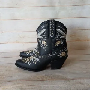 Dingo Primrose Western Cowboy Ankle Boots Booties Embroidered Leather Black 8.5M