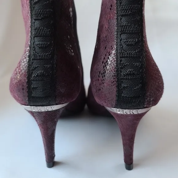 DKNY New Alani Booties Garnet Red Leather Slip On Snake Print Heel Size 7.5