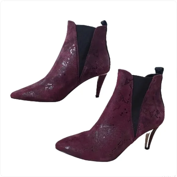 DKNY New Alani Booties Garnet Red Leather Slip On Snake Print Heel Size 7.5