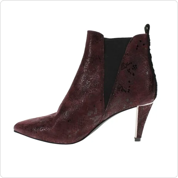 DKNY New Alani Booties Garnet Red Leather Slip On Snake Print Heel Size 7.5