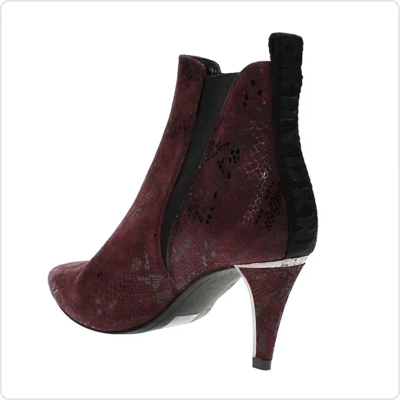DKNY New Alani Booties Garnet Red Leather Slip On Snake Print Heel Size 7.5