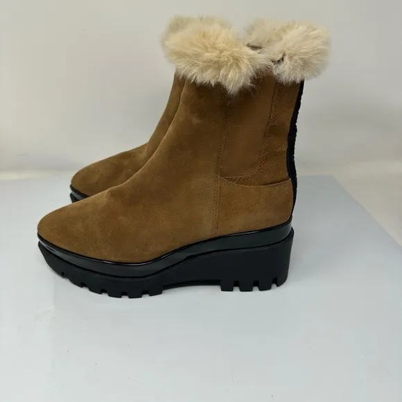 DKNY Women's BAX Wedge Bootie Suede Pointed Toe Ankle Faux Fur Boots 7.5