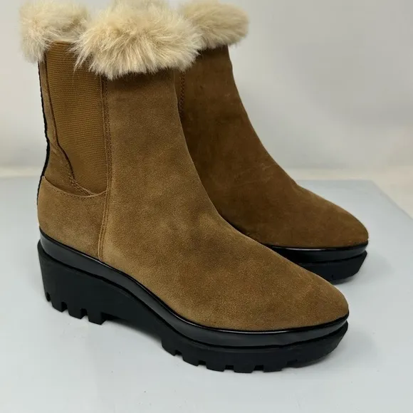DKNY Women's BAX Wedge Bootie Suede Pointed Toe Ankle Faux Fur Boots 7.5