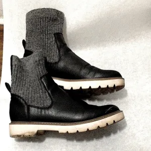 Dolce Vita Black Leather Knit Wool Sock Boots with contrast white lug soles