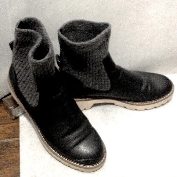 Dolce Vita Black Leather Knit Wool Sock Boots with contrast white lug soles