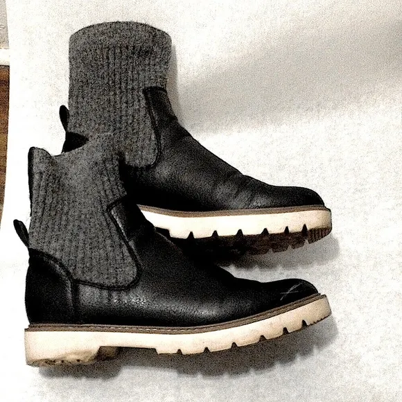 Dolce Vita Black Leather Knit Wool Sock Boots with contrast white lug soles