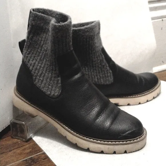 Dolce Vita Black Leather Knit Wool Sock Boots with contrast white lug soles