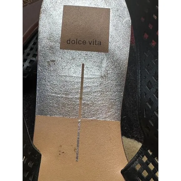 Dolce Vita Black Perforated Leather Flat Sandals Women's Size 8.5 NWOT