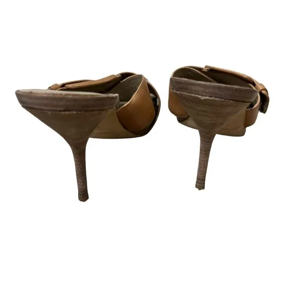 Donald J Pliner Size 8 Open Toe Sandals Elaine Tan Leather Wood Stiletto Heel