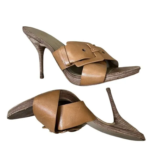 Donald J Pliner Size 8 Open Toe Sandals Elaine Tan Leather Wood Stiletto Heel