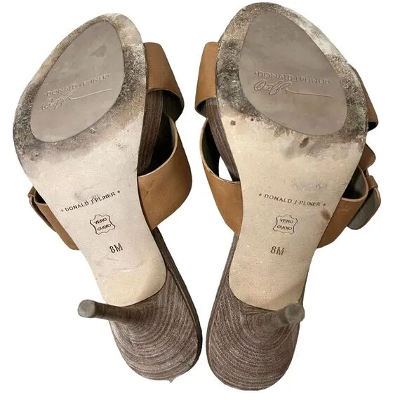 Donald J Pliner Size 8 Open Toe Sandals Elaine Tan Leather Wood Stiletto Heel