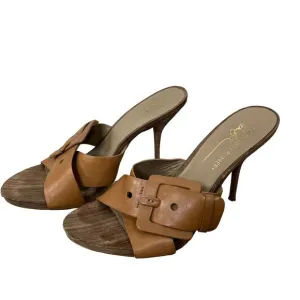 Donald J Pliner Size 8 Open Toe Sandals Elaine Tan Leather Wood Stiletto Heel