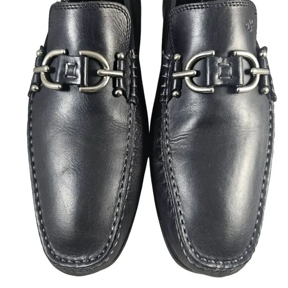 Donald Pliner Mens Decio Slip -On Black Leather Loafers With Metal Bit Detail Si